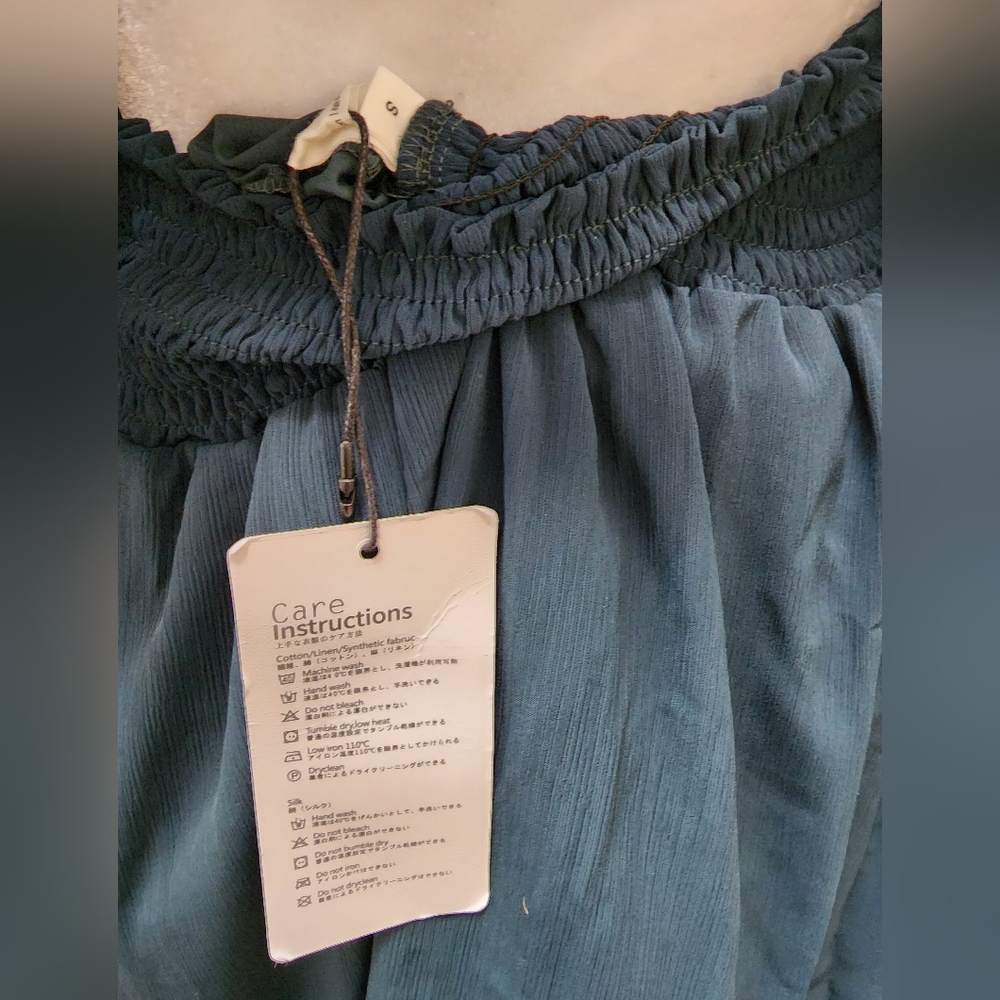 NWT Women's Peacock Blue Boho Ruffle Dress Long Lantern Sleeves Size S - Picture 11 of 15